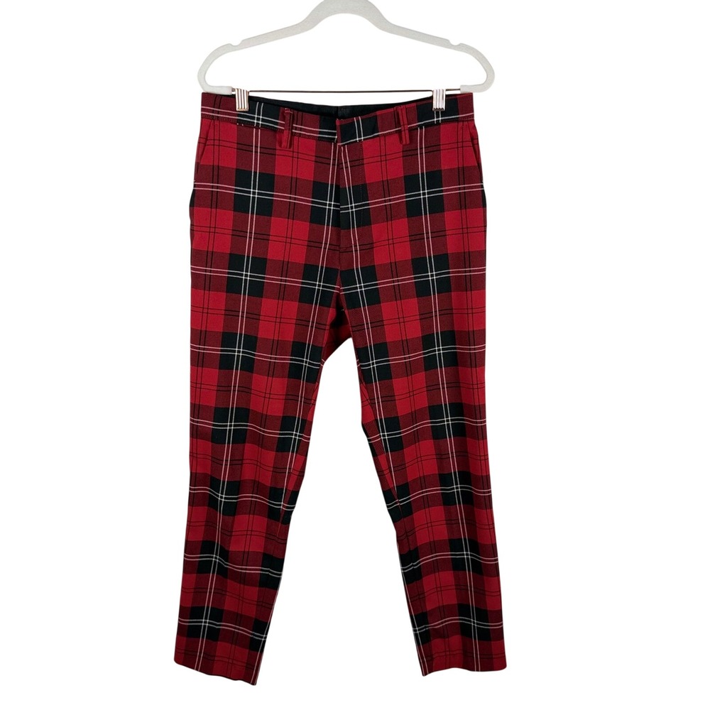Zara Mens Red Black Plaid Slim Fit Trousers Dress Pants 31 30x27‎ Punk Preppy